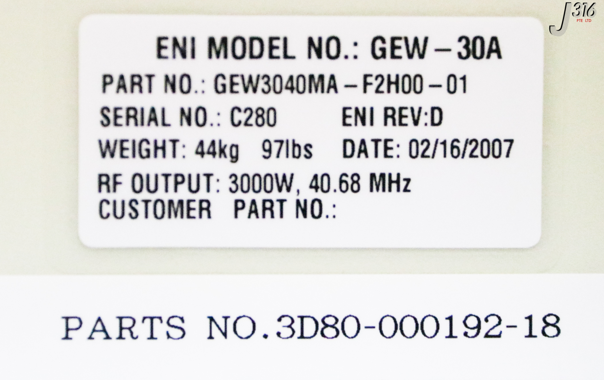 32457 ENI RF GENERATOR, GENESIS, 3000W, 40.58MHZ, GEW3040MA-F2H00